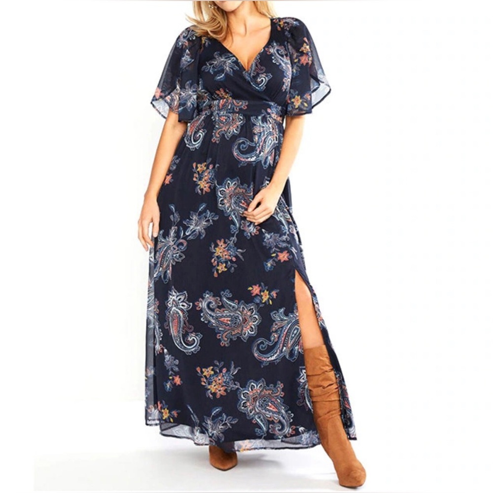 Jessica Simpson Maternity M Dark Navy Blue Surplice Maxi Dress in Paisley Garden